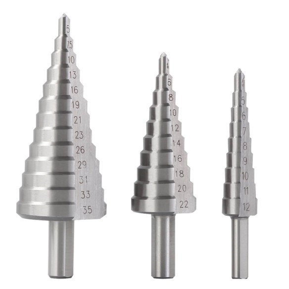 HSS Step Drill Bits Set 3-Pc In Plastic Box, power tool accessories, 3Pcs HSS step cone drill bits set in plastic box.