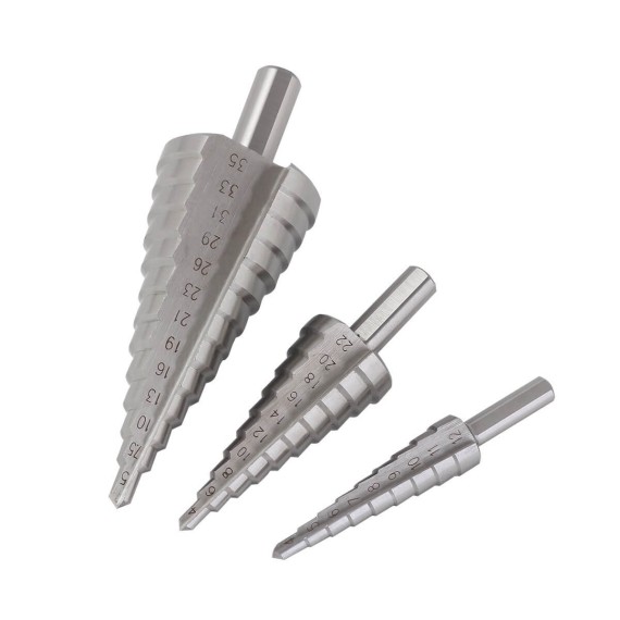HSS Step Drill Bits Set 3-Pc In Plastic Box, power tool accessories, 3Pcs HSS step cone drill bits set in plastic box.