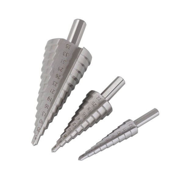 HSS Step Drill Bits Set 3-Pc In Plastic Box, power tool accessories, 3Pcs HSS step cone drill bits set in plastic box.
