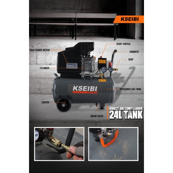 KDA 15-24 Air Compressor, 24L Tank, 2HP Portable | KSEIBI