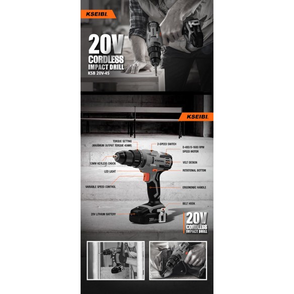 High-Performance 20V Cordless Impact Drill with 2 Batteries | KSEIBI