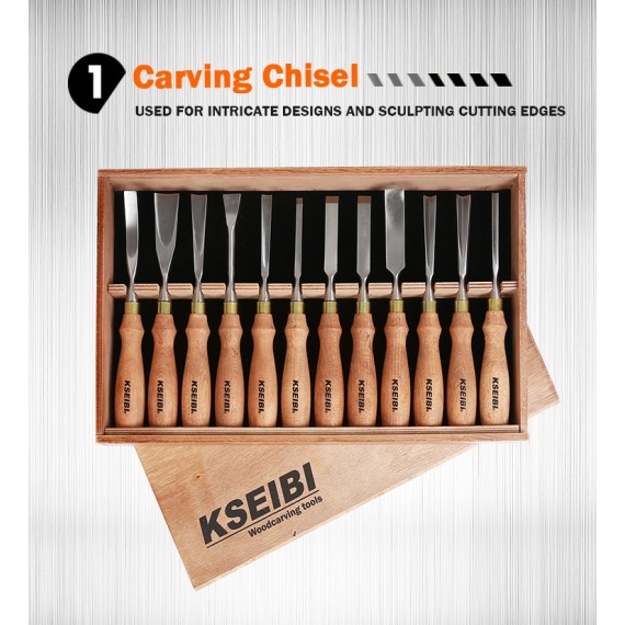 Premium Wood Craving Chisel Set with Wooden Handle for Professionals | KSEIBI