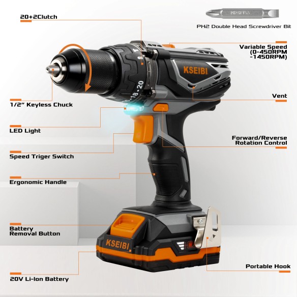 High-Performance 20V Cordless Impact Drill with 2 Batteries | KSEIBI