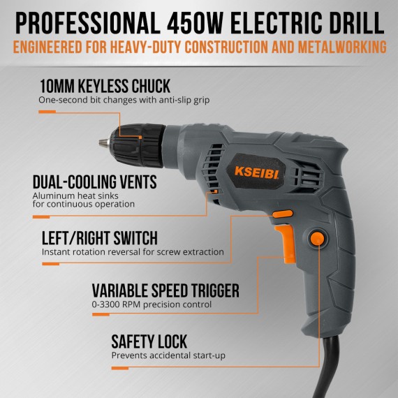 Powerful KBM 450 S Electric Drill with 10mm Keyless Chuck | KSEIBI