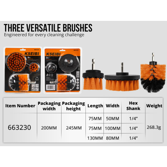 Drill Cleaning Brush 1/4" Hex Shank 3-Piece Set | KSEIBI