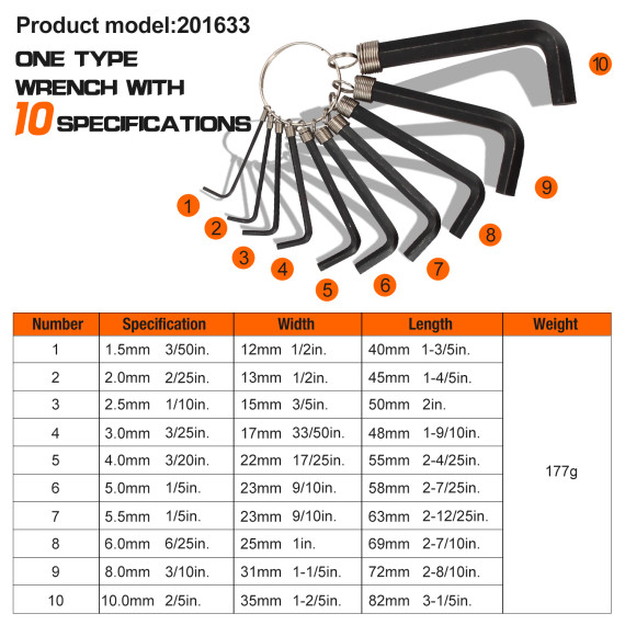 高品质黑色氧化六角扳手套装带环，10件套装 | KSEIBI
