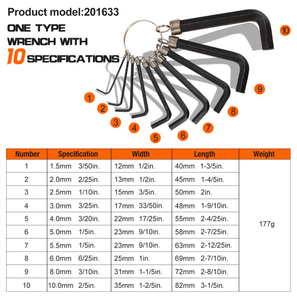 Premium Black Oxide Hex Key Set Ring | 10pc. Set for Precision Work | KSEIBI